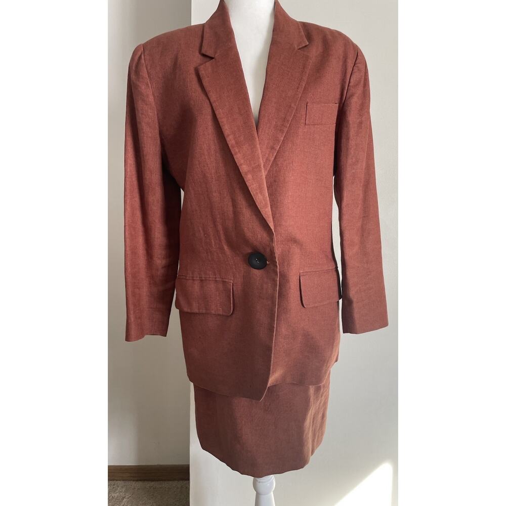 Vtg Saks Fifth Avenue Linen Skirt Blazer Suit Set 100% Linen Terracotta Sz 8 6